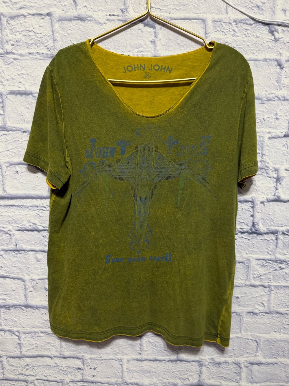 John John denim Pima cotton keep your faith heavy distressed shirt